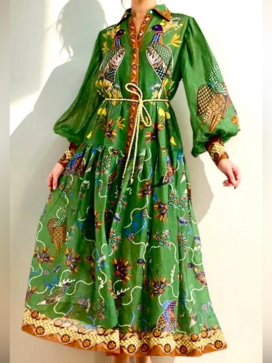 Doublju Dresses & Skirts - Boho Green Floral & Bird Print Maxi Shirt Dress Fall 2026 L